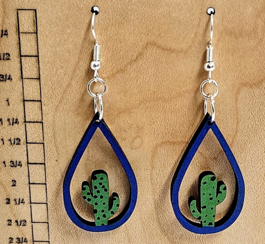 Wood Teardrop Earrings with Cactus Cutout Blue