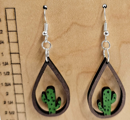 Wood Teardrop Earrings with Cactus Cutout Brown