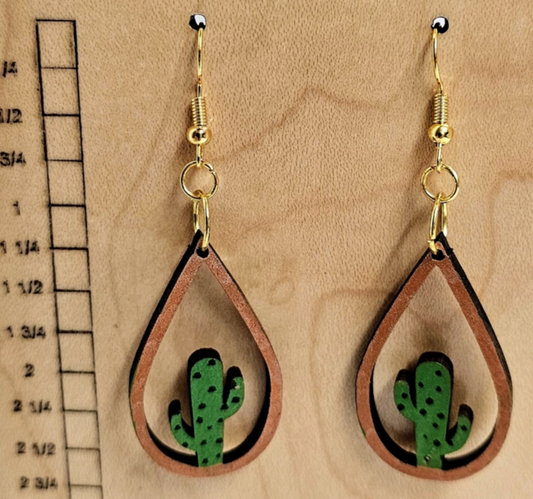 Wood Teardrop Earrings with Cactus Cutout Copper