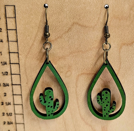 Wood Teardrop Earrings with Cactus Cutout Green