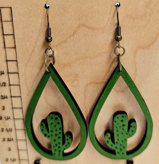 Wood Teardrop Earrings with Cactus Cutout Green Large Size