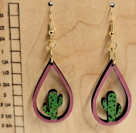 Wood Teardrop Earrings with Cactus Cutout Mauve