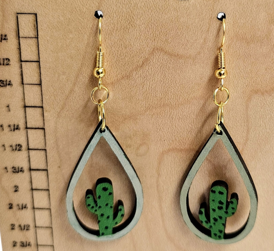 Wood Teardrop Earrings with Cactus Cutout Sage