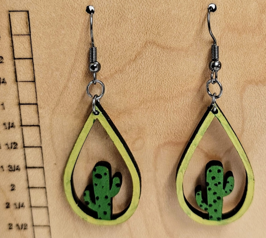 Wood Teardrop Earrings with Cactus Cutout Yellow
