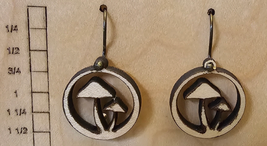 Wood Earrings Circle with Mushrooms Cutout Natural Wood Color