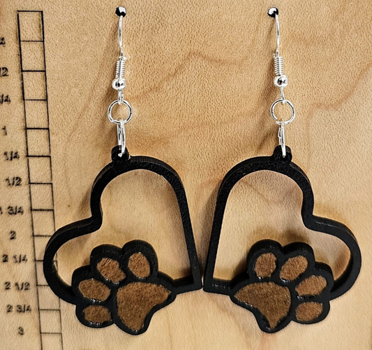Wood Earrings Heart Shape with Paw Print Black