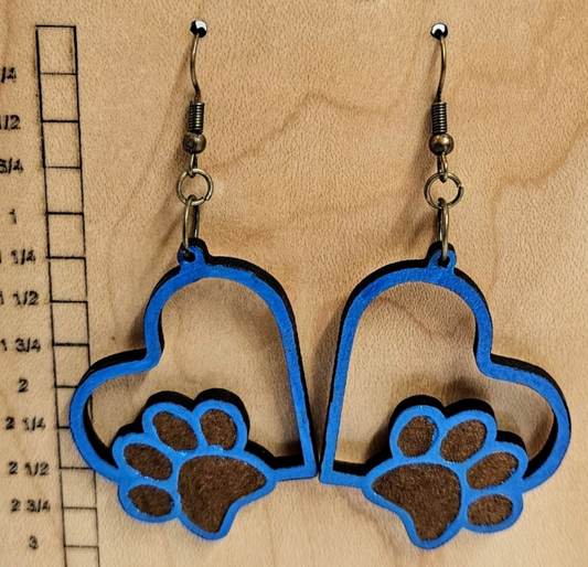 Wood Earrings Heart Shape with Paw Print Blue