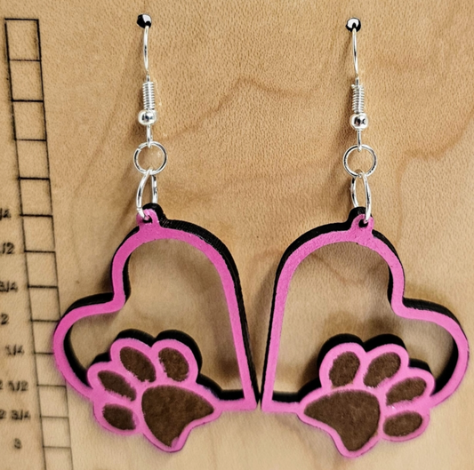 Wood Earrings Heart Shape with Paw Print Pink