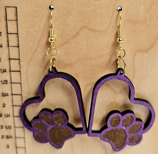 Wood Earrings Heart Shape with Paw Print Purple