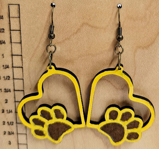 Wood Earrings Heart Shape with Paw Print Yellow