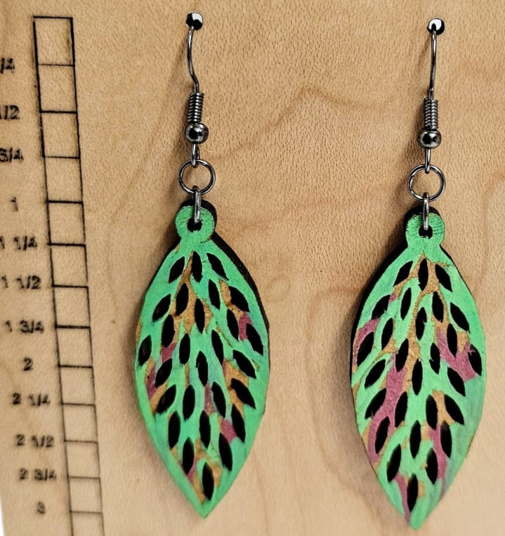 Wood Earrings Leaf Style Green