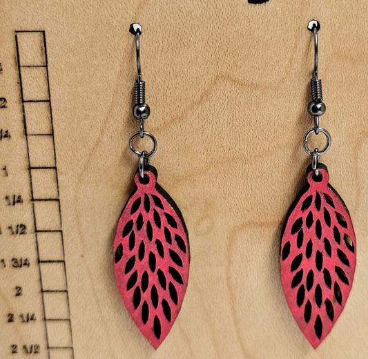 Wood Earrings Leaf Style Red