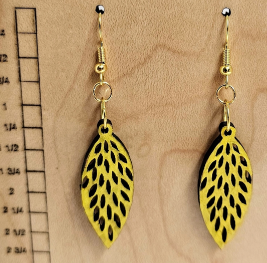 Wood Earrings Leaf Style Yellow