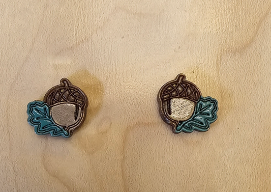 Wood Stud Earrings Acorn with Leaf