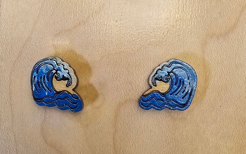 Wood Stud Earrings Ocean Wave