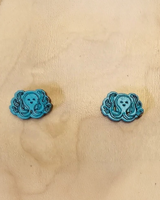Wood Stud Earrings Octopus