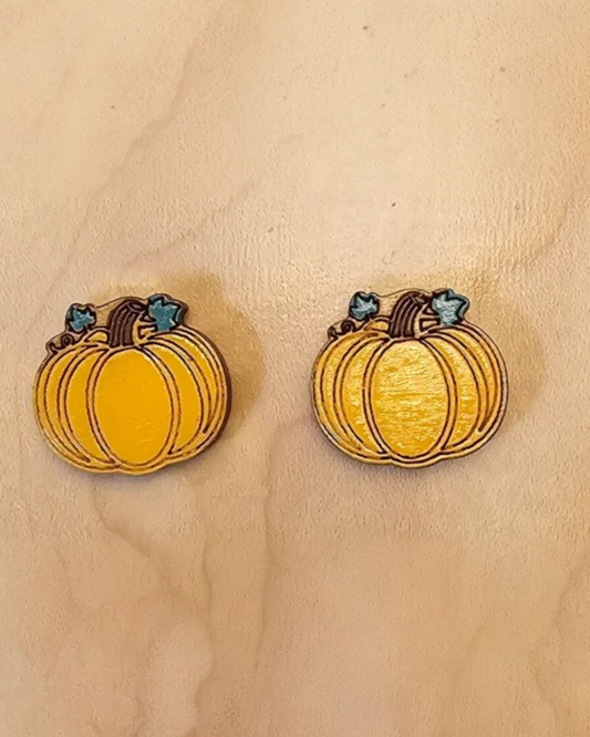 Wood Stud Earrings Pumpkin Shaped