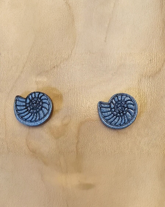 Wood Stud Earrings Sea Shell Shaped - Blue