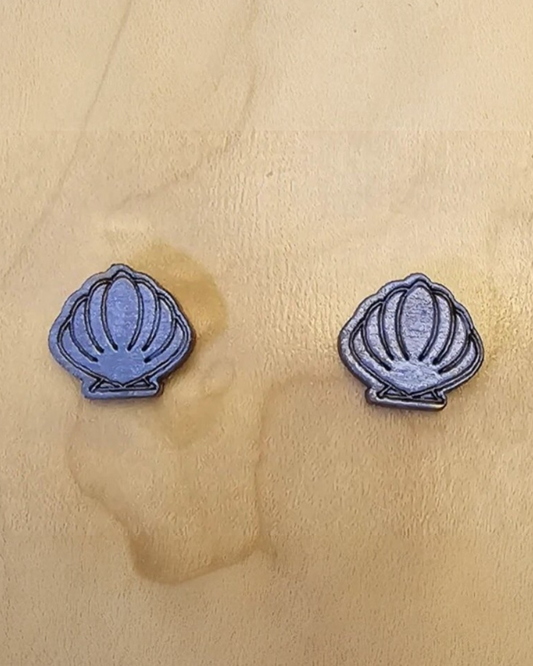 Wood Stud Earrings Shell Shaped - Blue
