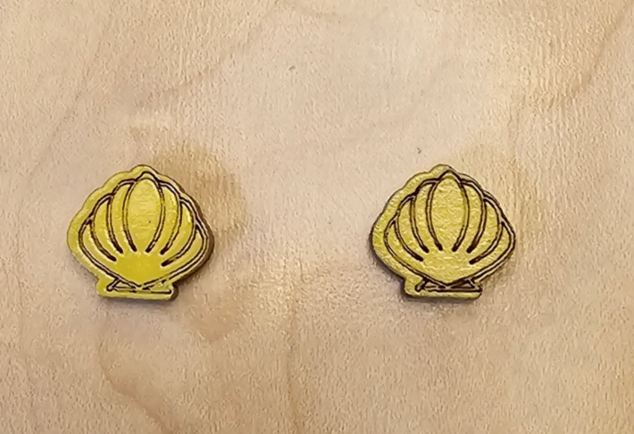 Wood Stud Earrings Shell Shaped - Yellow