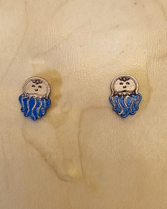 Wood Stud Earrings Squid Shaped