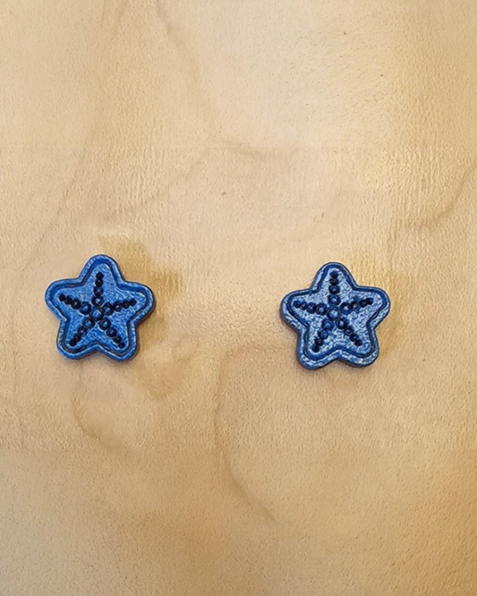 Wood Stud Earrings Starfish Shaped - Blue