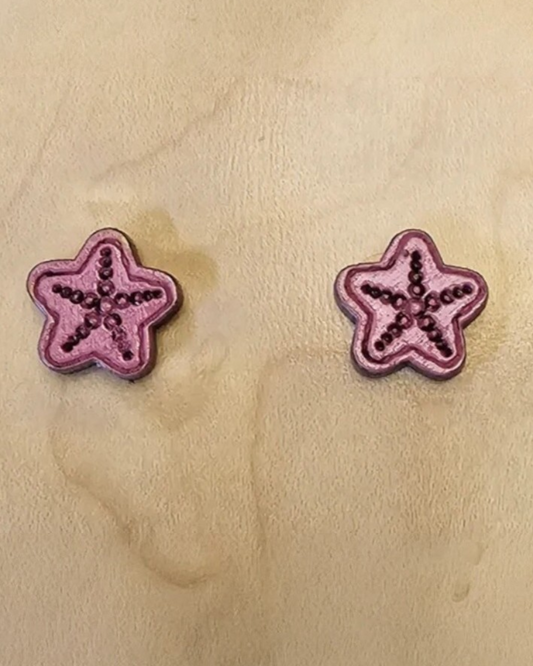 Wood Stud Earrings Starfish Shaped - Pink
